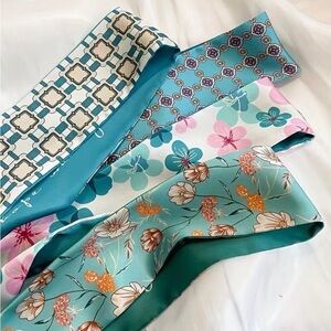 Twilly Silk Scarf Set of 4 | Purse Bag Wrap | Teal Floral Geometric